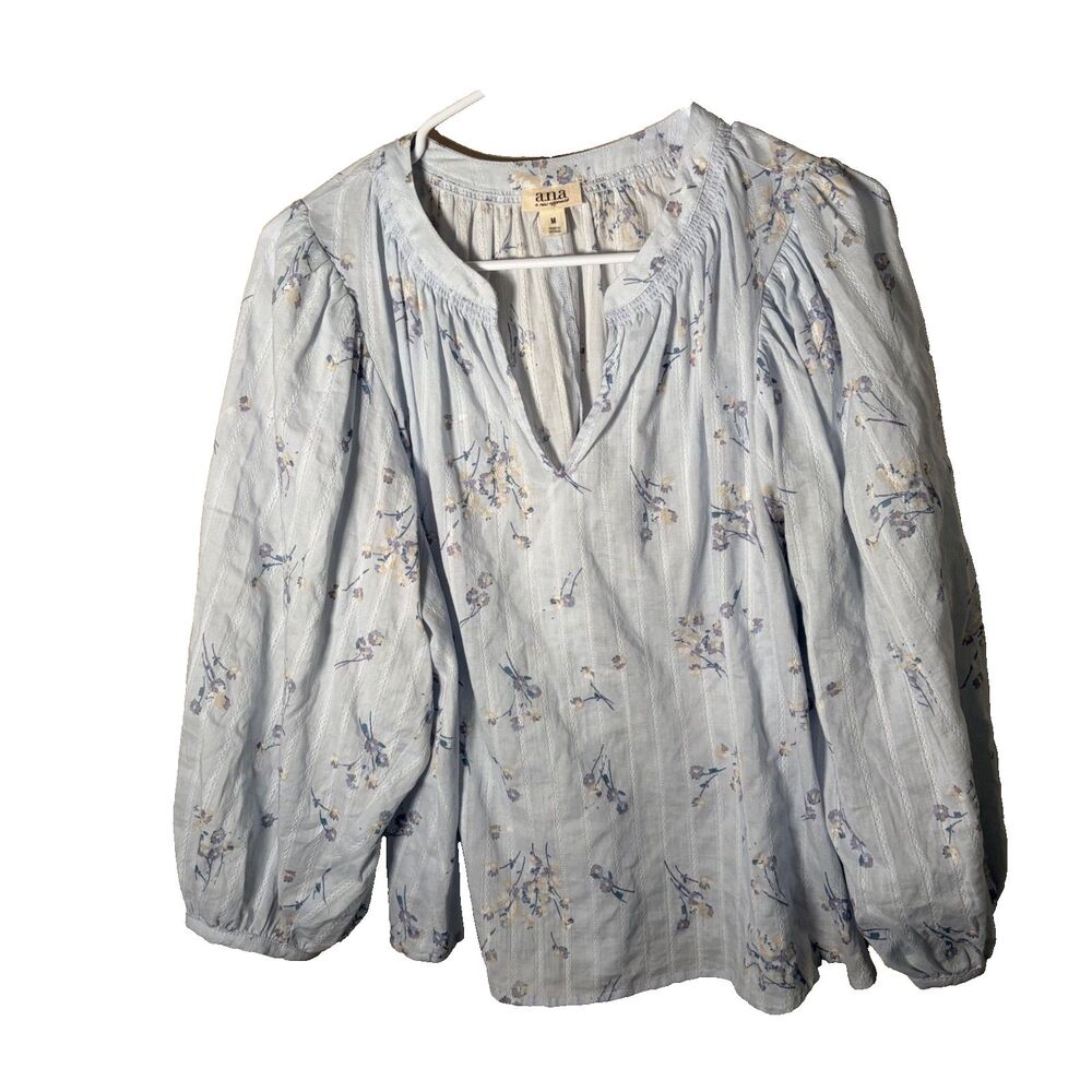 ANA A New Approach Blouse Women's Medium Blue Floral V-Neck Cottage Top